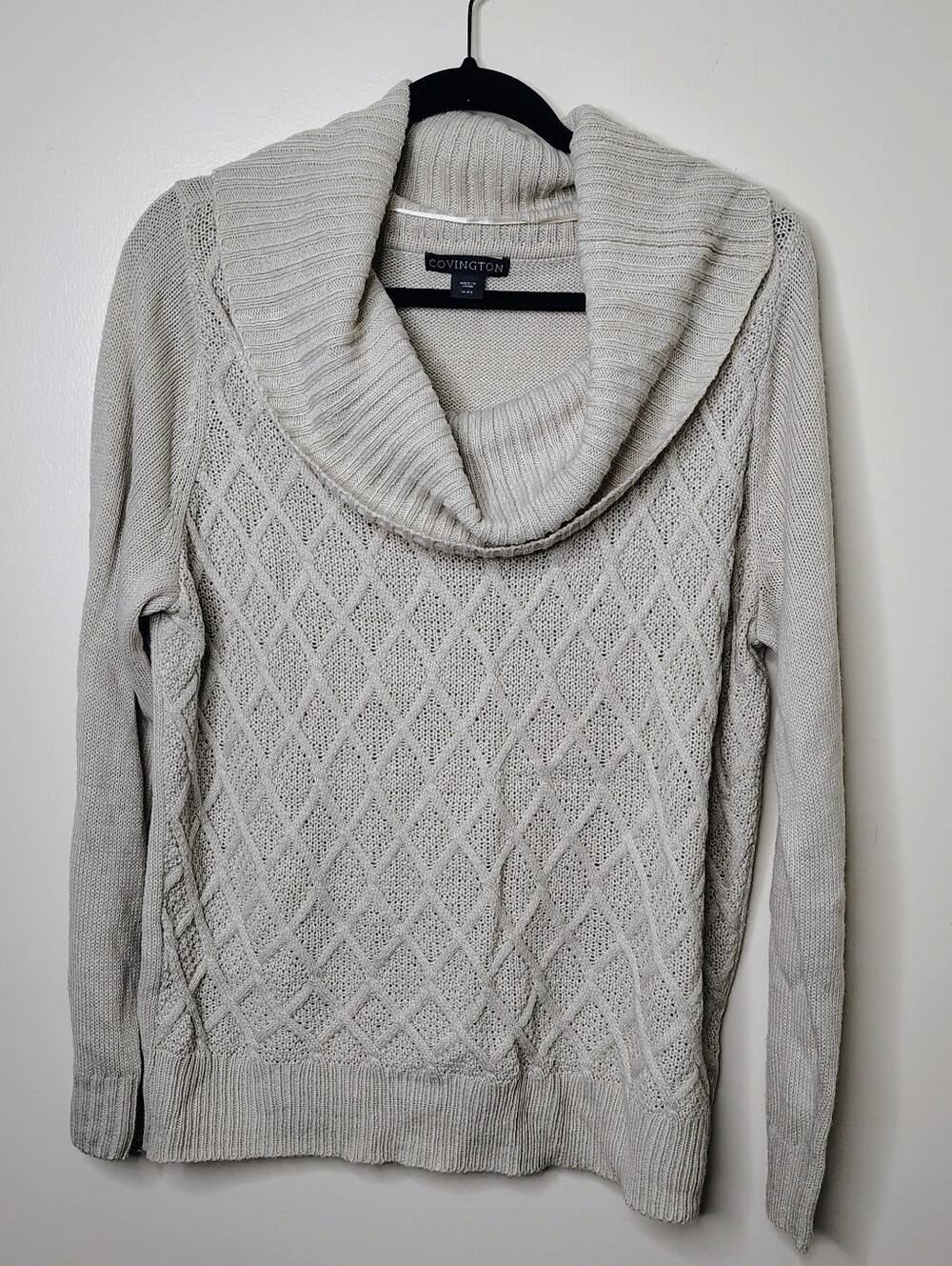 Covington Cream Diamond Cable Cowl-Neck Sweater Size XL